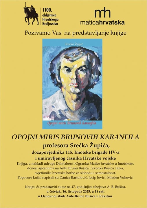 Poziv na predstavljanje knjige “Opojni miris Brunovih karanfila”, autora Srećka Župića.